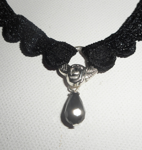 Black lace necklace with bohemian crystal drop