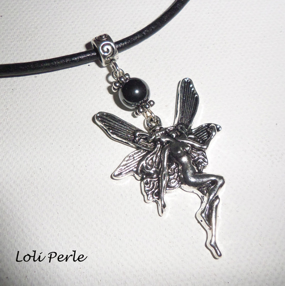 Fairy necklace with hematite stone on black leather