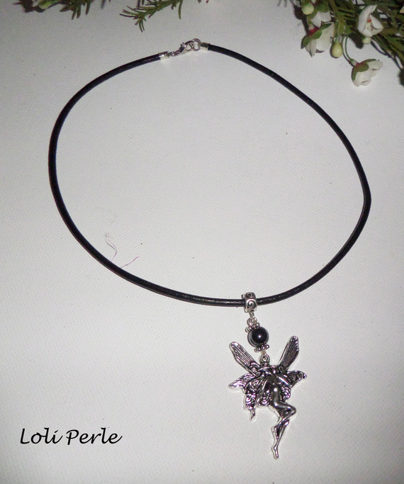 Fairy necklace with hematite stone on black leather