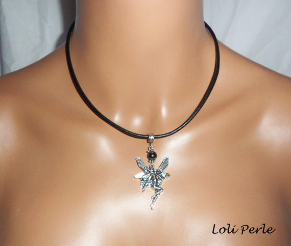 Fairy necklace with hematite stone on black leather