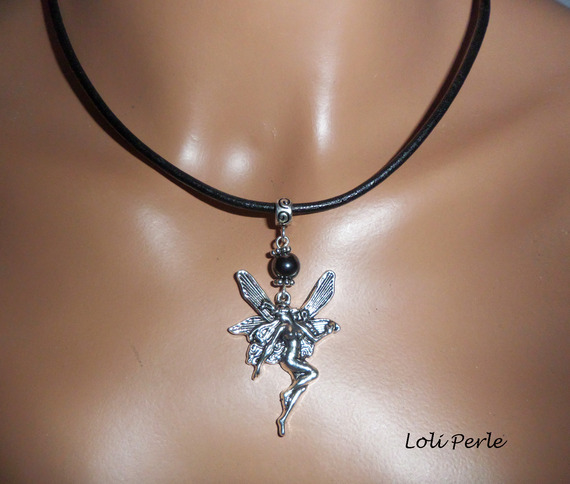 Fairy necklace with hematite stone on black leather