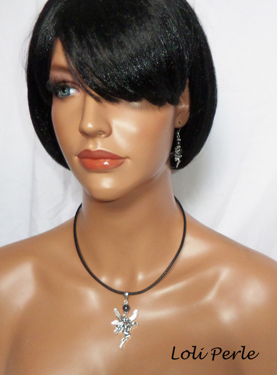 Fairy necklace with hematite stone on black leather