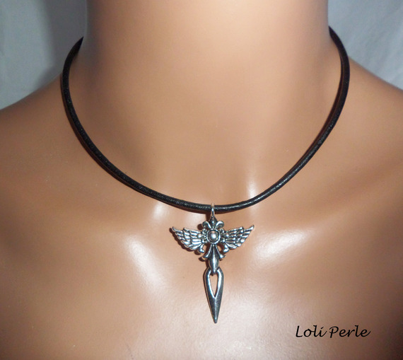 Necklace man black leather with original cross