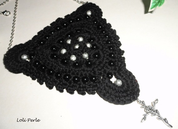 Black crocheted necklace with embroidered beads and cross