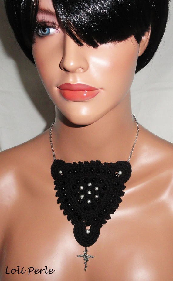 Black crocheted necklace with embroidered beads and cross