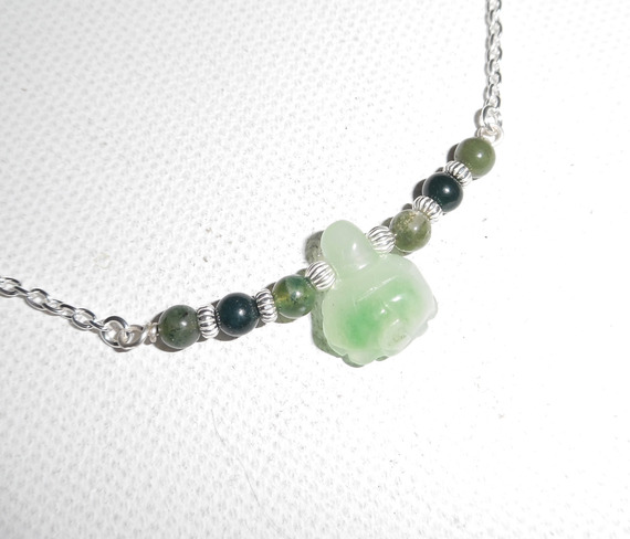 Original 925 silver necklace with turtle and jade beads on chain