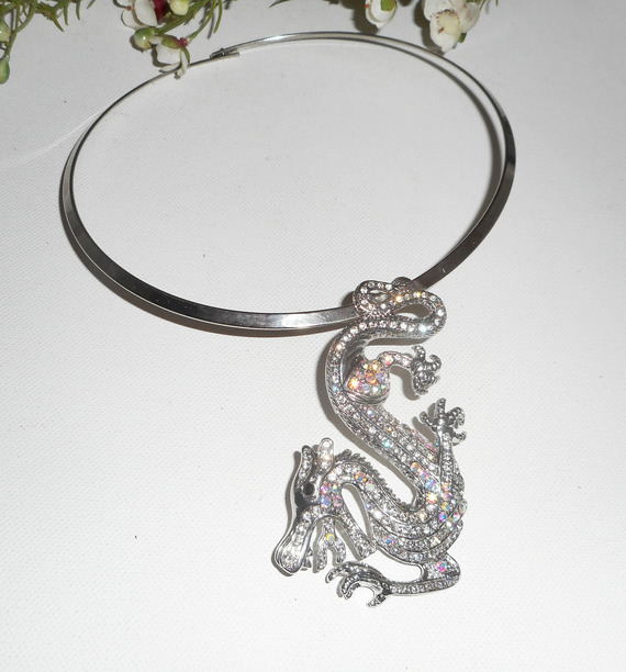 Original silver metal necklace with large crystal dragon