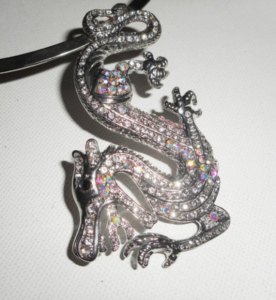 Original silver metal necklace with large crystal dragon