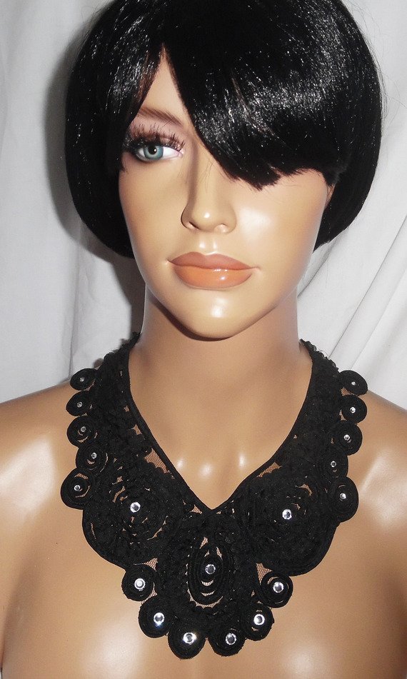 Original large choker necklace with black lace flowers and Swarovski crystal