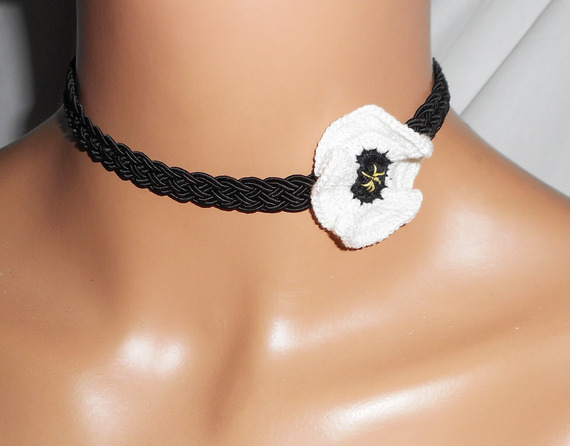 White poppy choker necklace on black braided cord