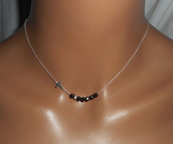 925 silver choker necklace with cross and black crystal beads