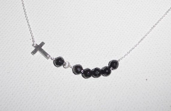 925 silver choker necklace with cross and black crystal beads