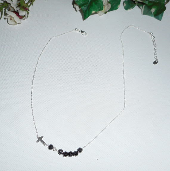 925 silver choker necklace with cross and black crystal beads