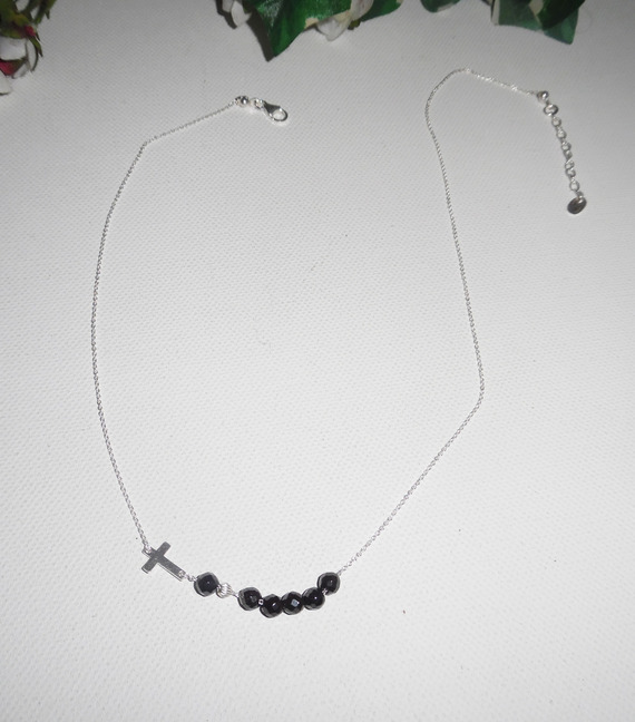 925 silver choker necklace with cross and black crystal beads