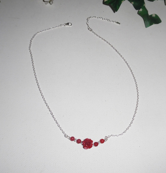 Pink necklace carved in red gorgon on 925 silver chain