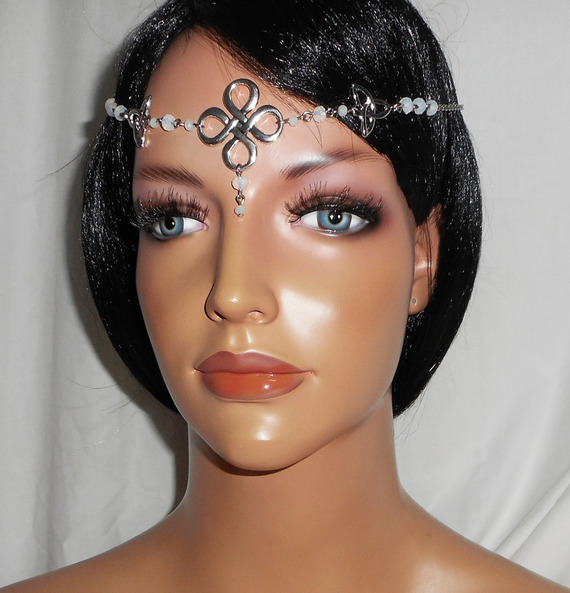 White opaque bohemian crystal tiara with Celtic motifs 2 in 1