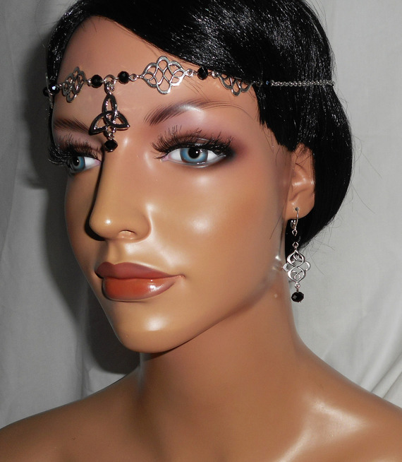 Black Bohemian crystal beaded tiara with Celtic motifs 2 in 1