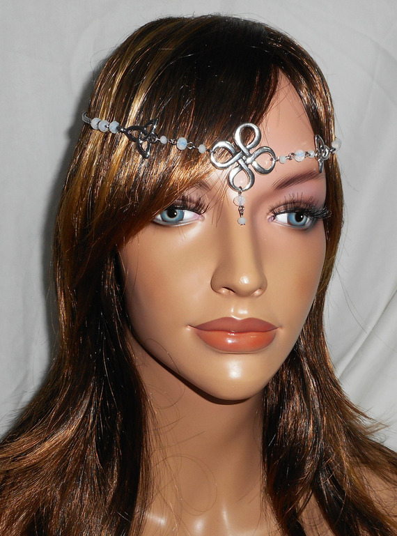 White opaque bohemian crystal tiara with Celtic motifs 2 in 1