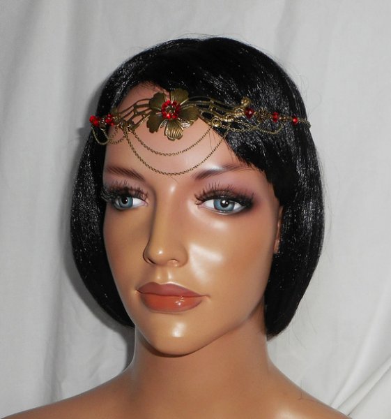 Bronze tiara with red bohemian crystal beads and floral design