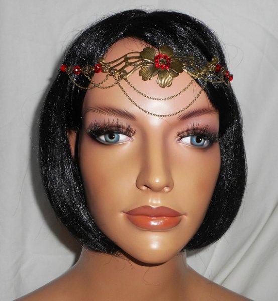 Bronze tiara with red bohemian crystal beads and floral design