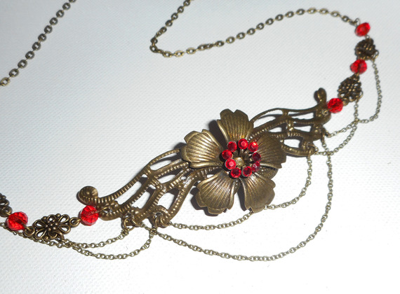 Bronze tiara with red bohemian crystal beads and floral design