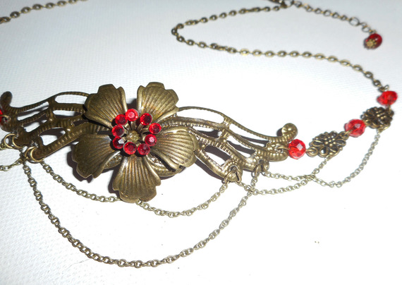 Bronze tiara with red bohemian crystal beads and floral design