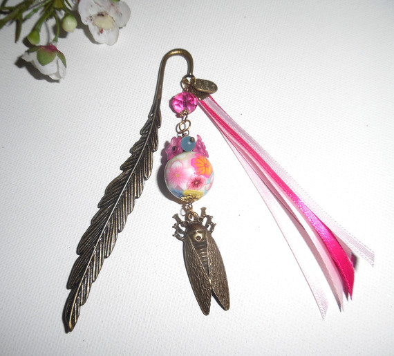 Bookmark with pink flowery pearl nib with bronze cicada and ribbons