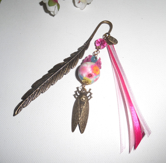 Bookmark with pink flowery pearl nib with bronze cicada and ribbons