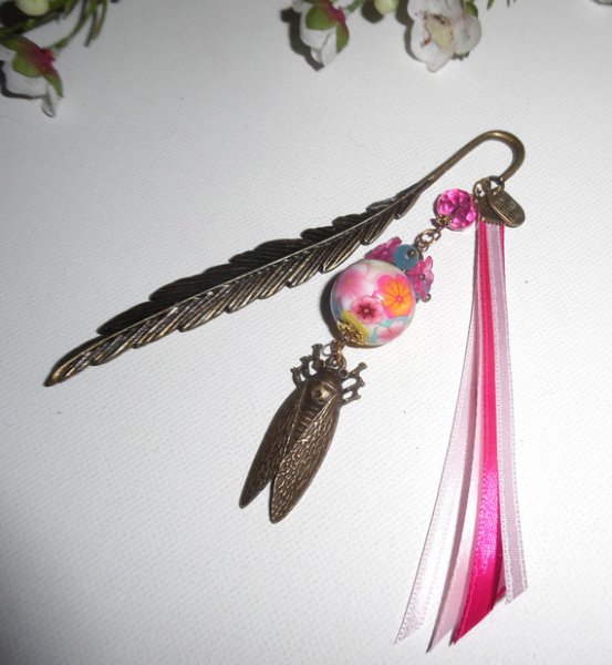 Bookmark with pink flowery pearl nib with bronze cicada and ribbons