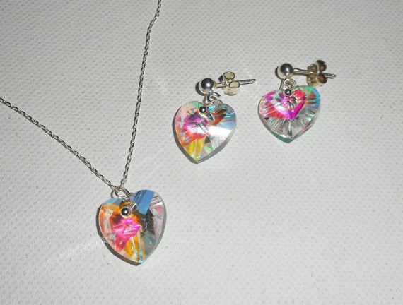 Set White heart pendant AB with Swarovski crystal on 925 silver chain