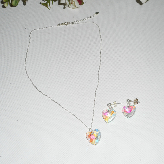 Set White heart pendant AB with Swarovski crystal on 925 silver chain