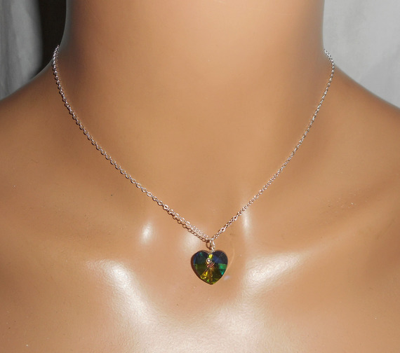 Set Green heart pendant with Swarovski crystal on 925 silver chain