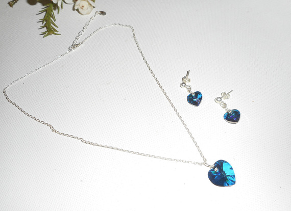 Set Blue heart pendant with Swarovski crystal on 925 silver chain