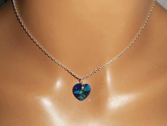 Set Blue heart pendant with Swarovski crystal on 925 silver chain