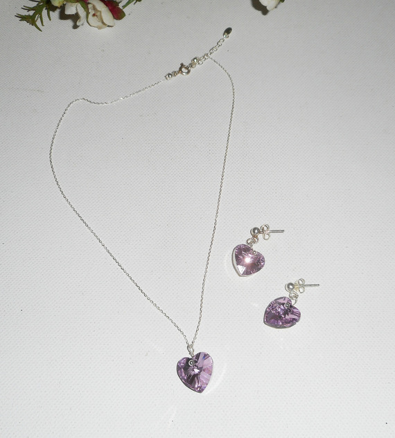 Set Purple heart pendant with Swarovski crystal on 925 silver chain