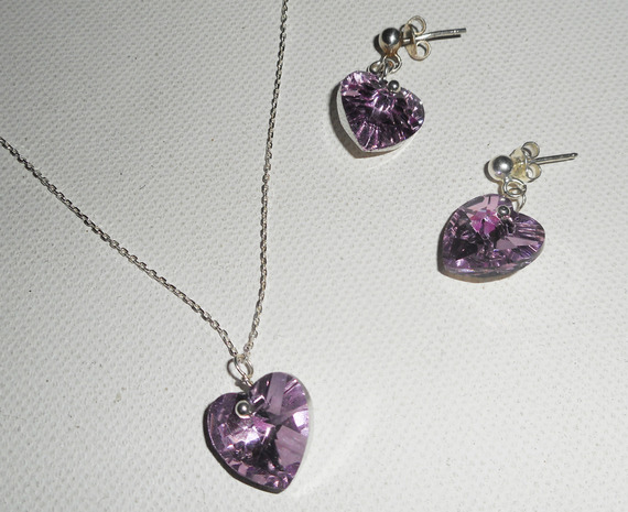 Set Purple heart pendant with Swarovski crystal on 925 silver chain