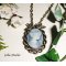 Blue cameo pendant with birds in bronze metal on chain