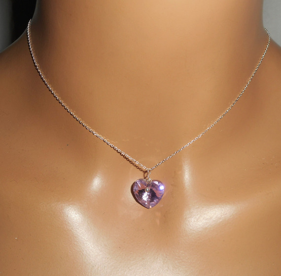 Purple heart pendant with Swarovski crystal on 925 silver chain