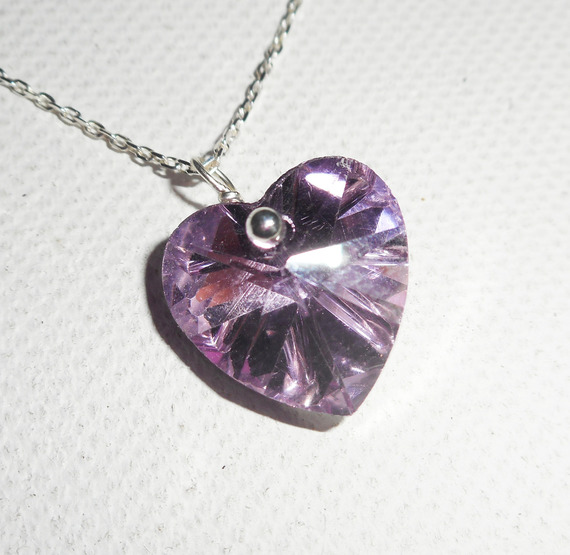 Purple heart pendant with Swarovski crystal on 925 silver chain