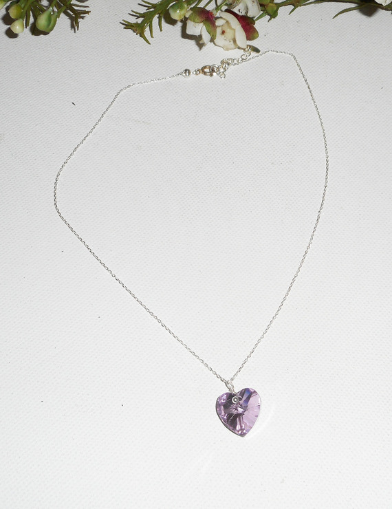 Purple heart pendant with Swarovski crystal on 925 silver chain