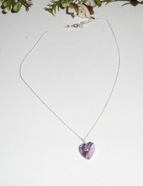 Purple heart pendant with Swarovski crystal on 925 silver chain