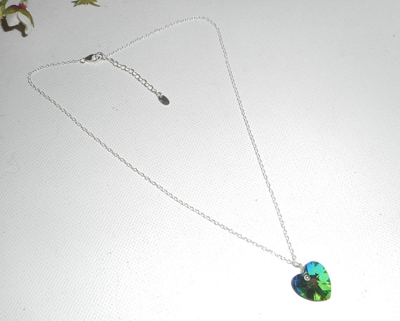 Green heart pendant with Swarovski crystal on 925 silver chain