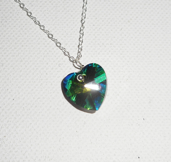 Green heart pendant with Swarovski crystal on 925 silver chain