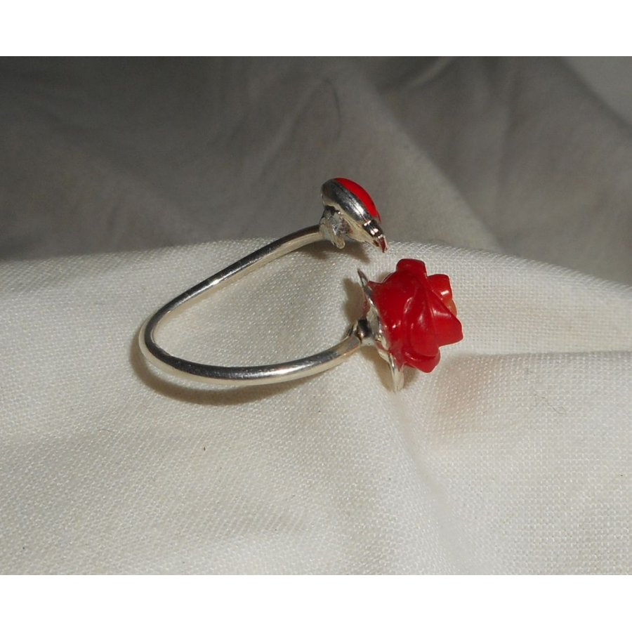 Original 925 silver ring with coral rose and red enamel ladybug