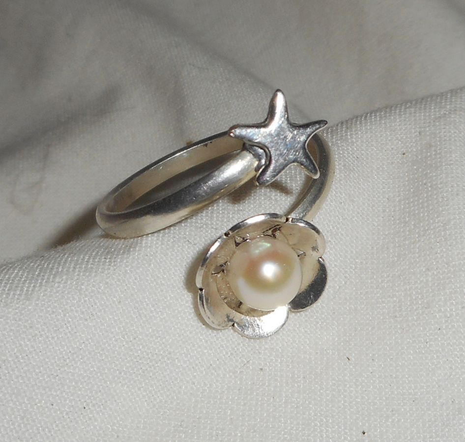 Original silver ring 925 flower cultured pearl and starfish