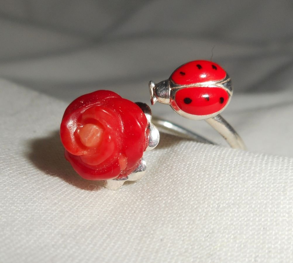 Original 925 silver ring with coral rose and red enamel ladybug