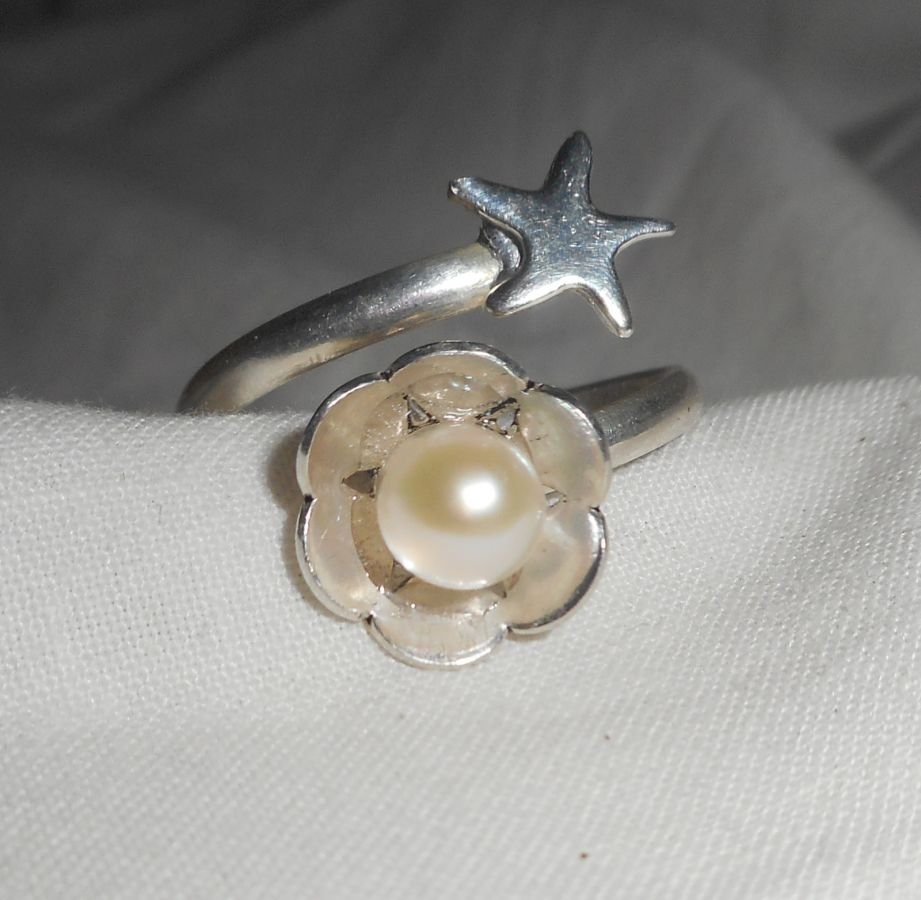 Original silver ring 925 flower cultured pearl and starfish