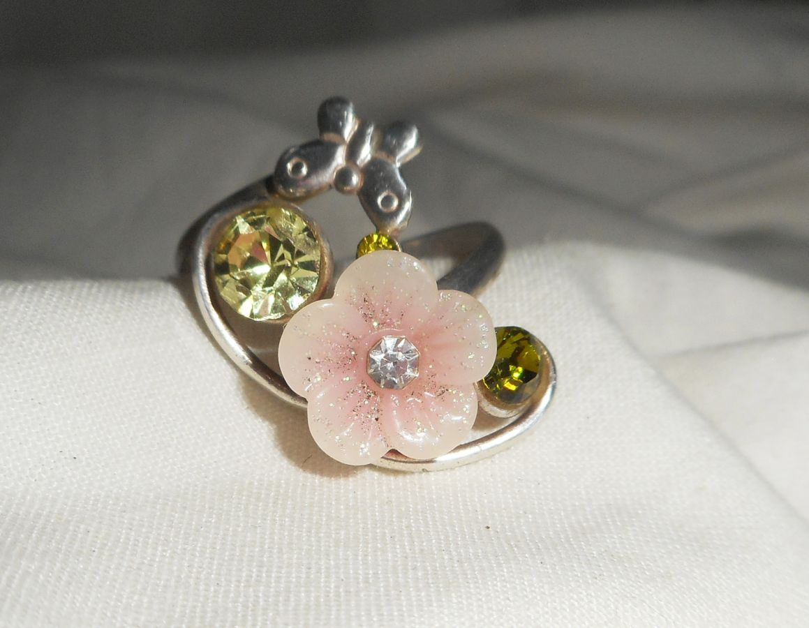 Original 925 silver ring with pink flower and Swarovski crystal