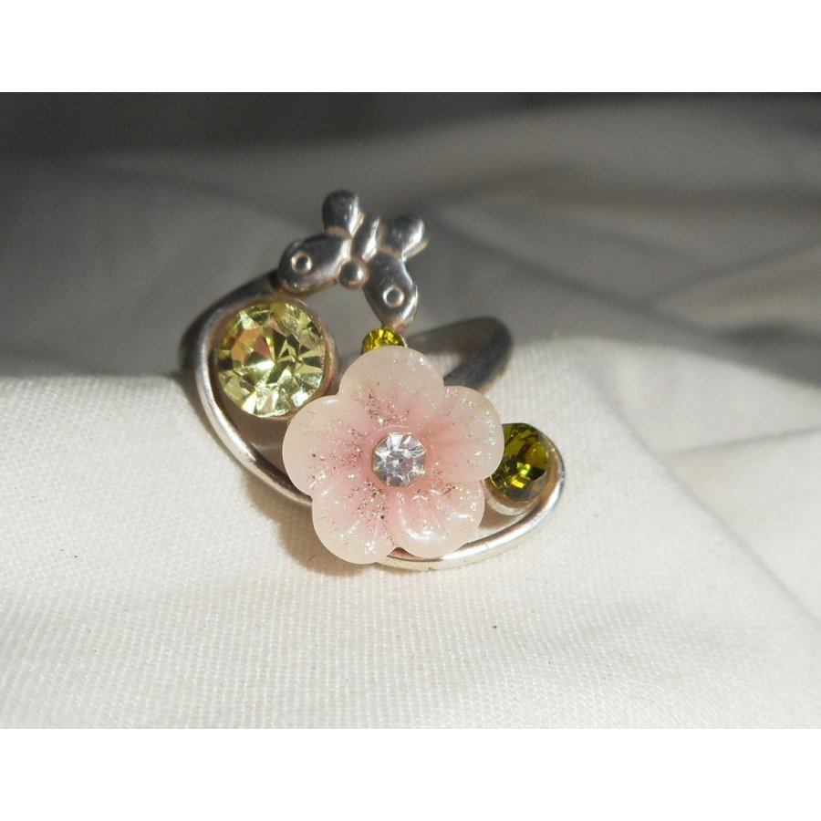 Original 925 silver ring with pink flower and Swarovski crystal