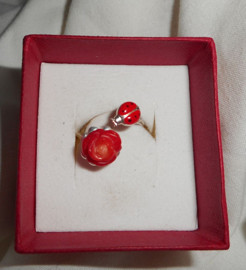 Original 925 silver ring with coral rose and red enamel ladybug